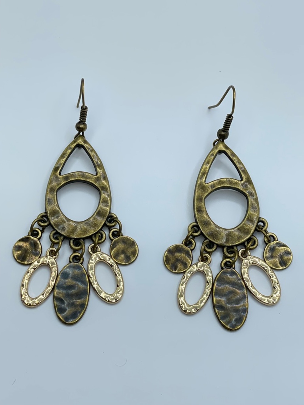 Antique Gold Tone Dangle Earrings Boho Tribal Hammered Statement Drop